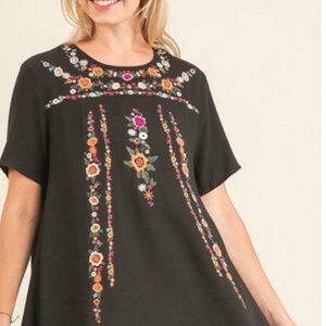 Umgee Floral Embroidered Black A Line Dress